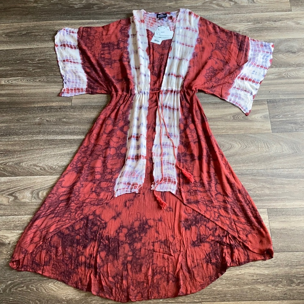 5⭐️!! NWT Boho Tie Dye Kimono Duster Red/White Small - Picture 7 of 12